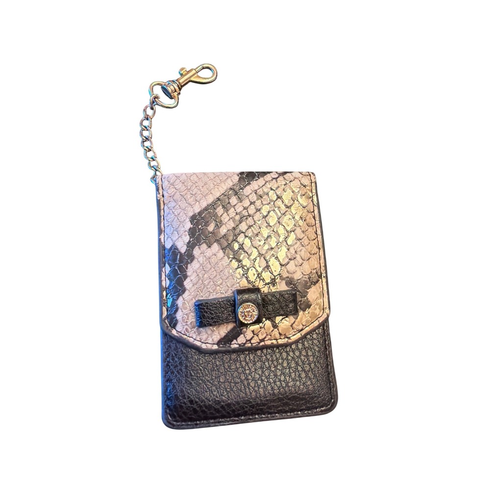 Anne Klein Keychain Pouch Black Gold Snakeskin Lion Logo Bow Accent Charm